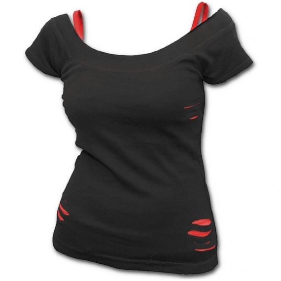 T-Shirt Gothique double Noir & Rouge - L / T-Shirts Goth. Femme L