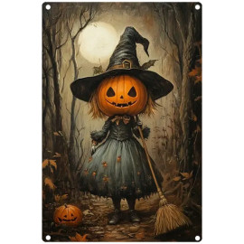 Plaque Métal Halloween Pumpkin Witch
